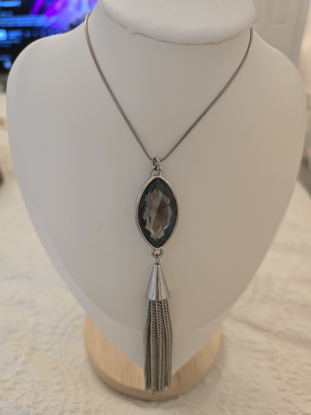 Source Unknown Silver-Tone Gray Marquise Crystal Tassel Necklace